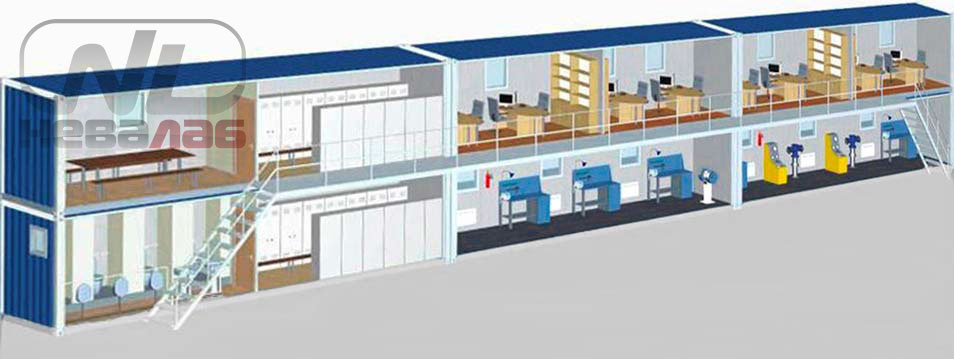 Внутренние помещения блочно-модульной производственной базы. Административные, санитарные и производственные помещения